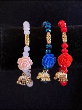 Floral Elephant Charm Beaded Bracelet - Blue, Red, Pink